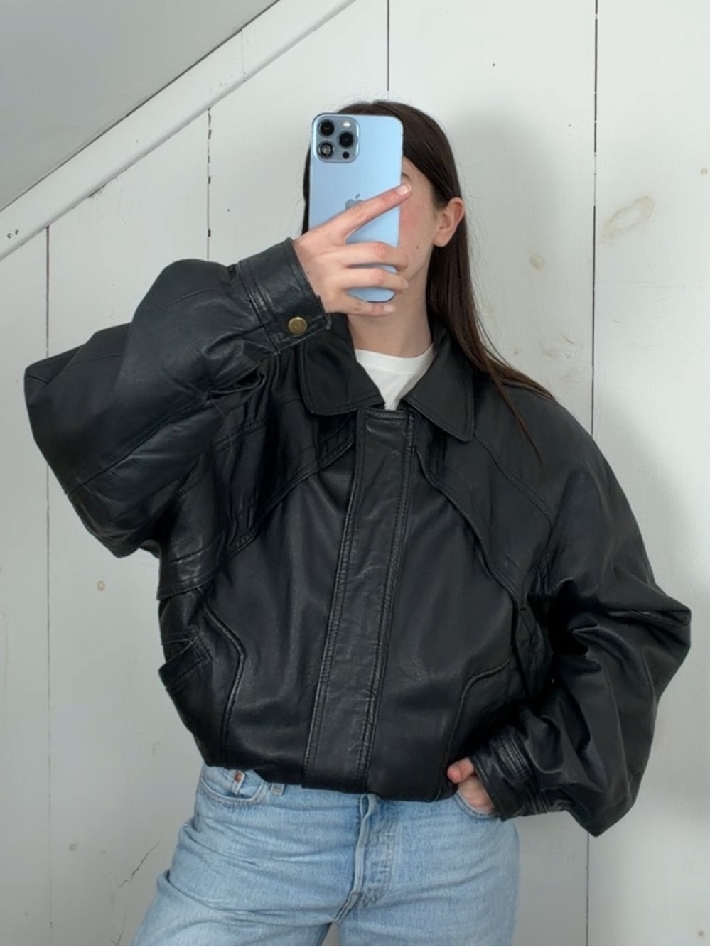 Vintage J.T. Black Genuine‎ Leather Bomber Jacket Men’s Size Large Full Zip 90s
